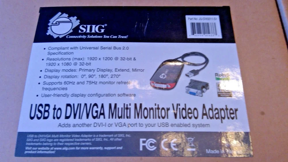SIIG USB to DVI/VGA Multi Monitor Video Adapter JU-DV0211-S1 WITH ORIGINAL BOX